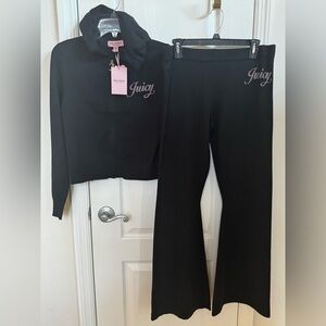 Juicy Couture Black Knit Tracksuit Bling Logo Crop LARGE